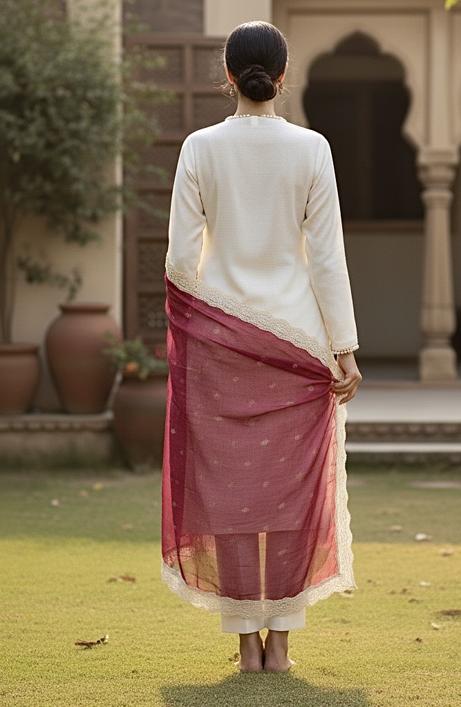 Embroidered Off-White Suit with Maroon Organza Dupatta