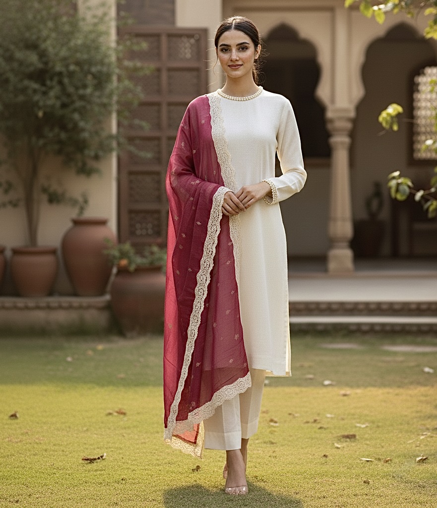 Embroidered Off-White Suit with Maroon Organza Dupatta