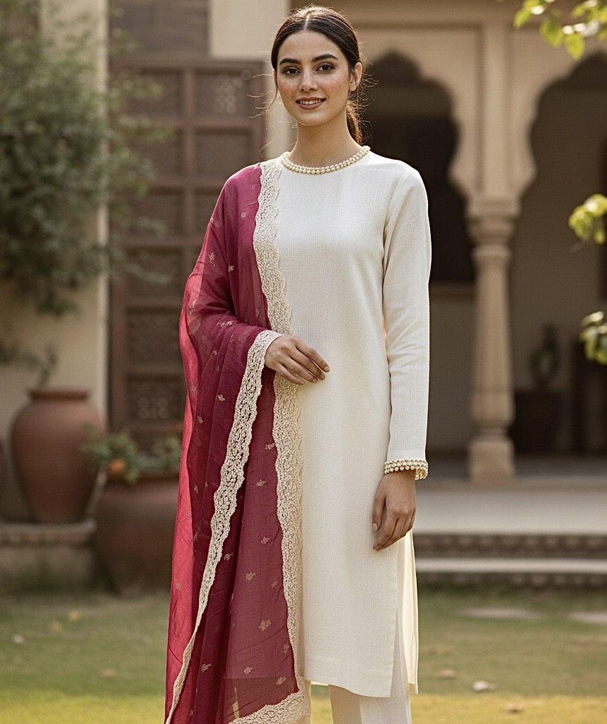 Embroidered Off-White Suit with Maroon Organza Dupatta
