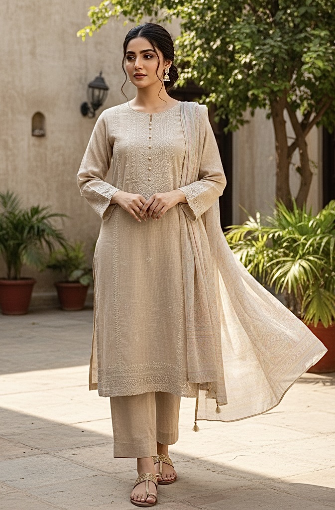 Beige Embroidered Cotton Suit with Tassel Dupatta
