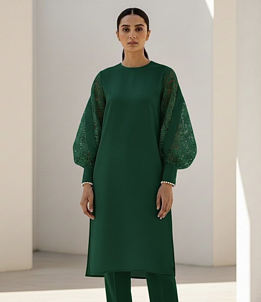 Emerald Green Co-ord Set with Lace Sleeves