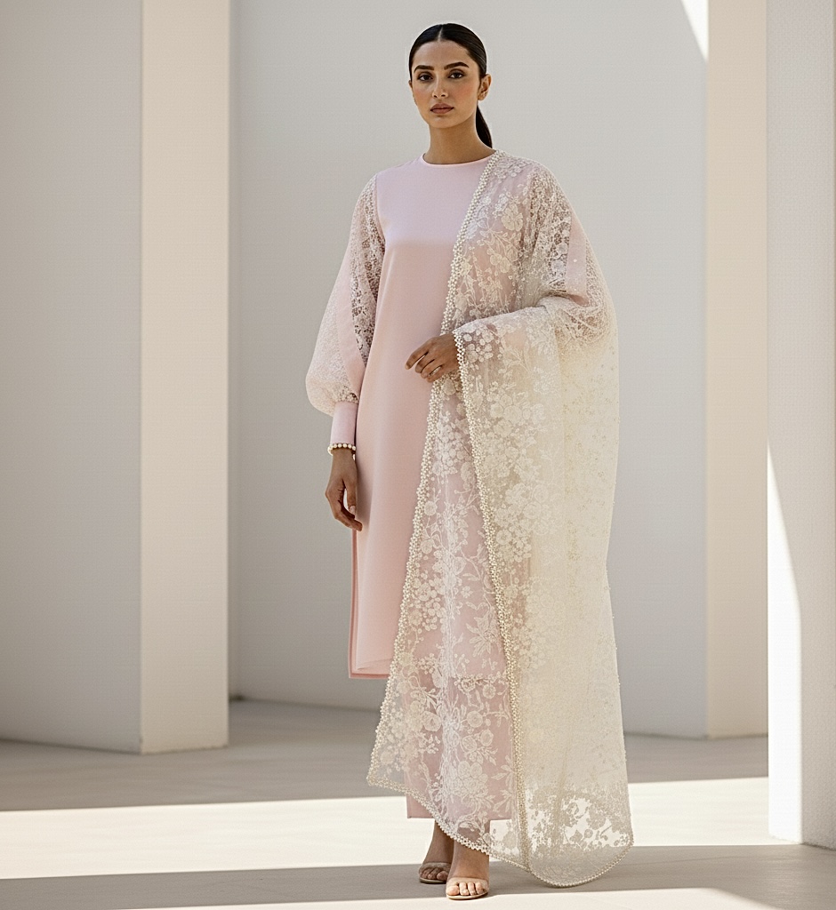 Blush Pink Lace Suit with Intricate Balloon Sleeves and Pearl-Bordered Dupatta