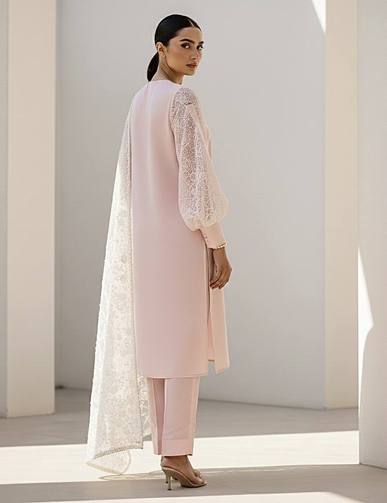 Blush Pink Lace Suit with Intricate Balloon Sleeves and Pearl-Bordered Dupatta