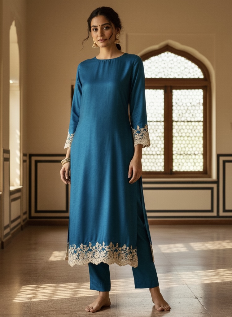 Teal Blue Silk Suit with Embroidered Organza Dupatta