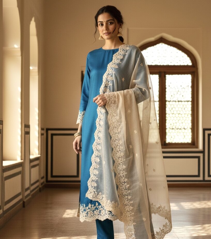Teal Blue Silk Suit with Embroidered Organza Dupatta