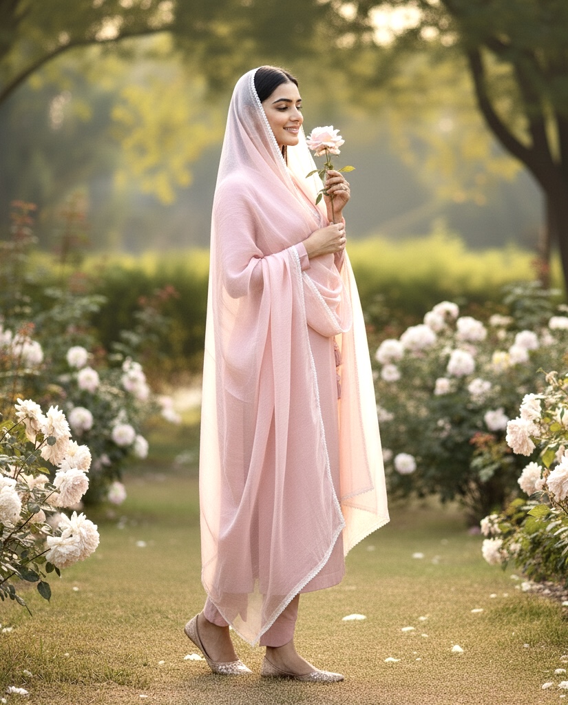 Pastel Pink Silk Suit with Lace Organza Dupatta