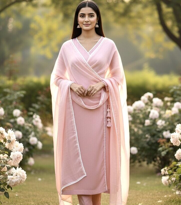 Pastel Pink Silk Suit with Lace Organza Dupatta