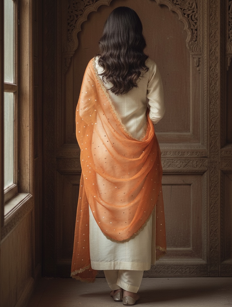 Off-White Silk Suit with Orange Organza Dupatta