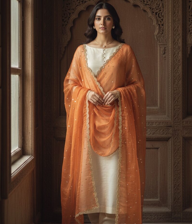 Off-White Silk Suit with Orange Organza Dupatta