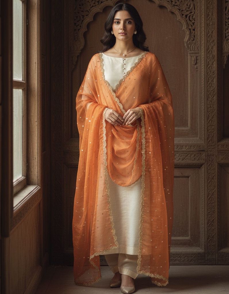 Off-White Silk Suit with Orange Organza Dupatta