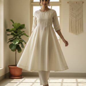 Off-White Pearl Anarkali Suit with pearl-embellished neckline
