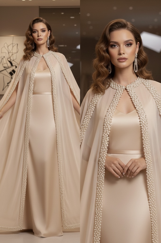 Pearl Embellished Cape Dress with silk-satin gown and pearl-bordered sheer cape