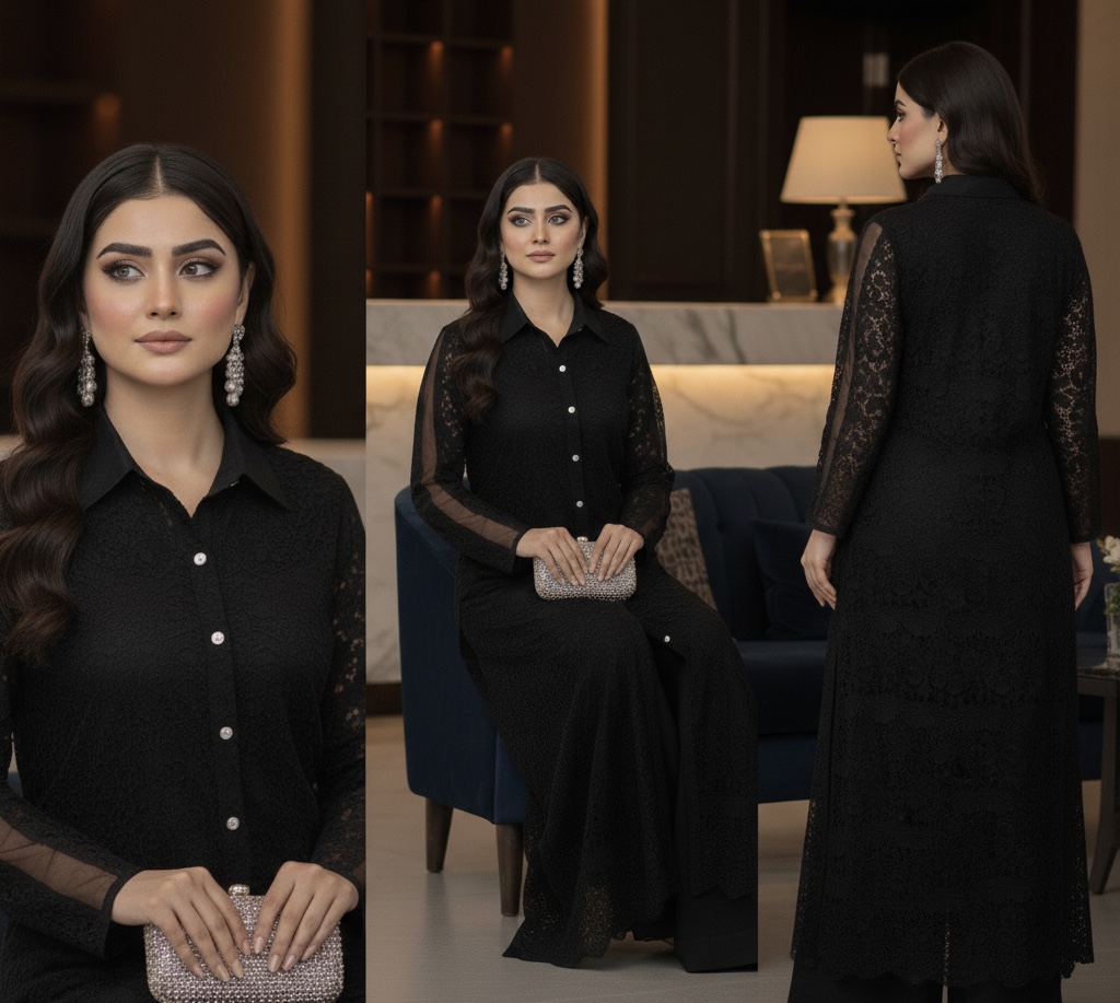 Model in Black Embroidered Lace Long Shirt Set with pearl buttons and classic collar