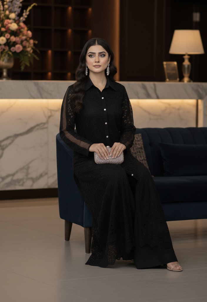 Model in Black Embroidered Lace Long Shirt Set with pearl buttons and classic collar