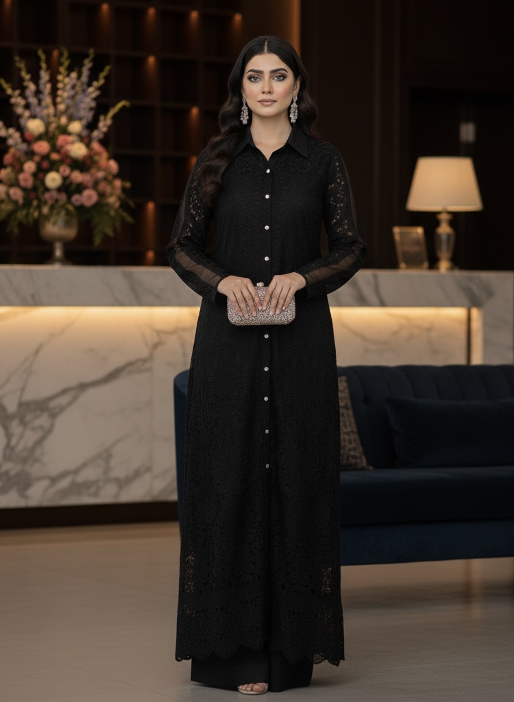 Model in Black Embroidered Lace Long Shirt Set with pearl buttons and classic collar