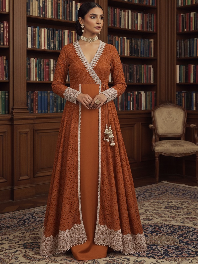 Model in Rust Orange Embroidered Angrakha Set with white lace detailing and pearl tassels