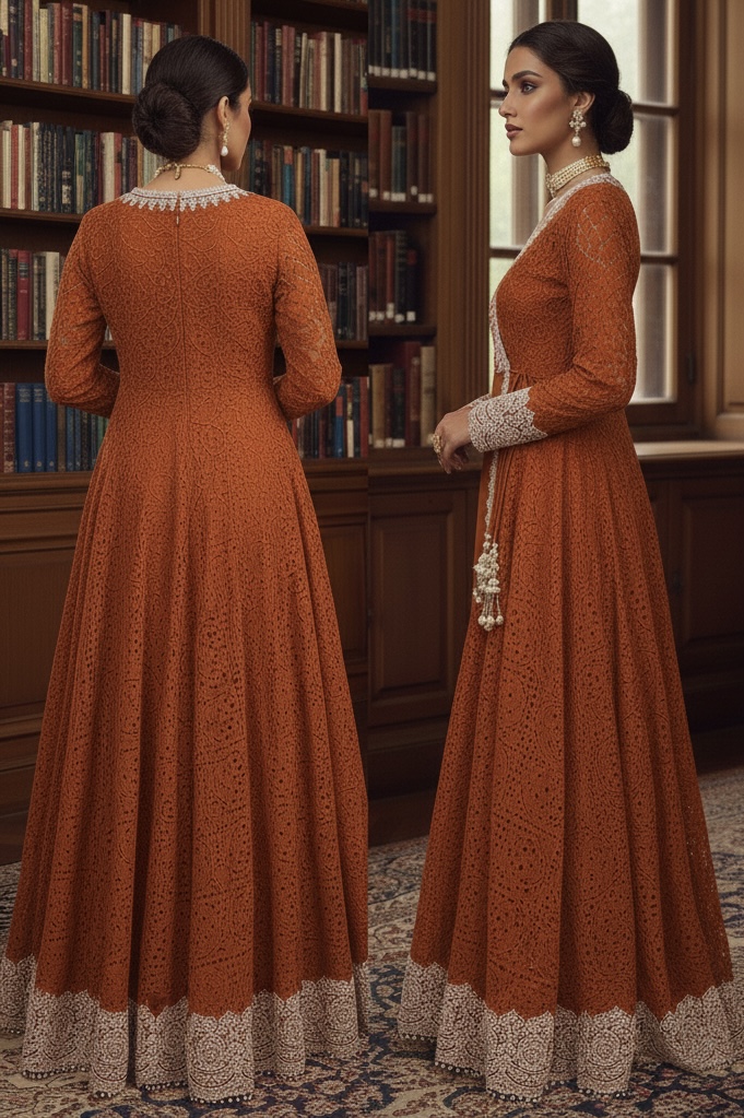 Model in Rust Orange Embroidered Angrakha Set with white lace detailing and pearl tassels