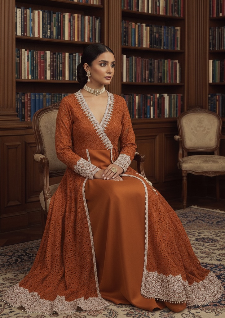Model in Rust Orange Embroidered Angrakha Set with white lace detailing and pearl tassels