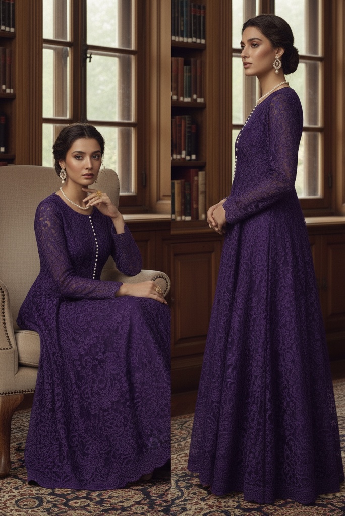 Purple Embroidered Anarkali Set with Pearl Buttons