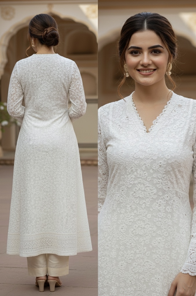 Pure White Hand-Embroidered Lucknowi Chikankari Anarkali Set for Women