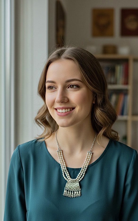 Model wearing a multi-layered pearl and silver pendant necklace from Shazz Store