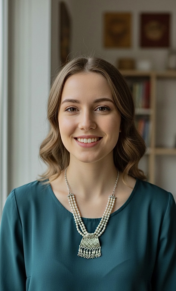 Model wearing a multi-layered pearl and silver pendant necklace from Shazz Store