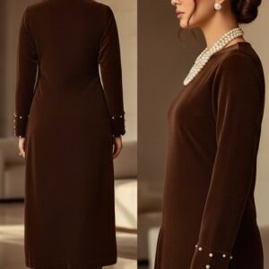 Model wearing Espresso Pearl Velvet Co-Ord Set with pearl embellished cuffs from Shazz Store.