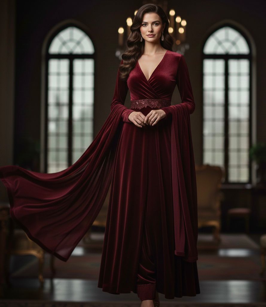 Espresso Brown Pearl Embellished Velvet Suit for Women - Shazz Store Winter Collection