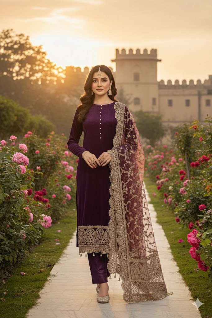 Deep Purple Velvet Anarkali Suit with Golden Zari Work