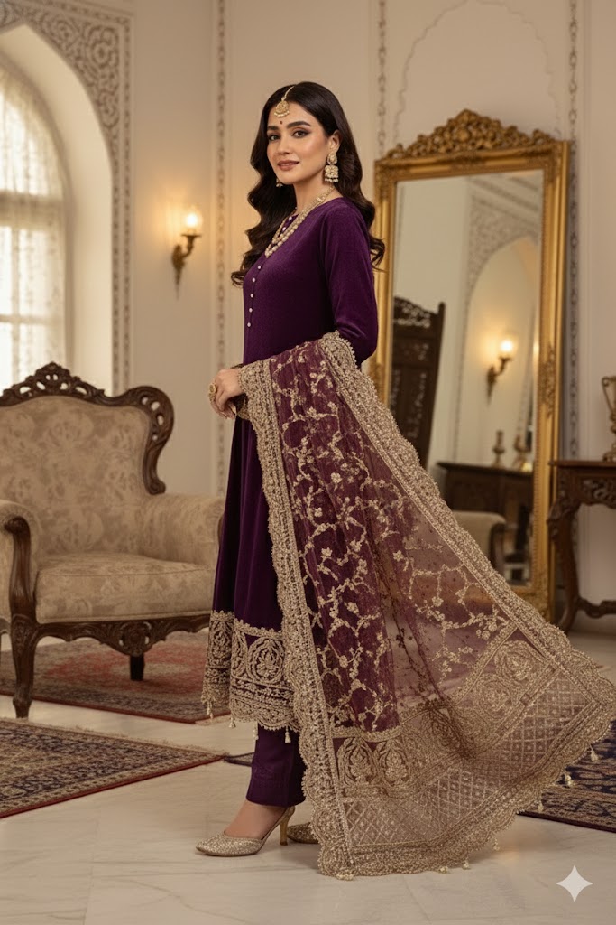 Deep Purple Velvet Anarkali Suit with Golden Zari Work